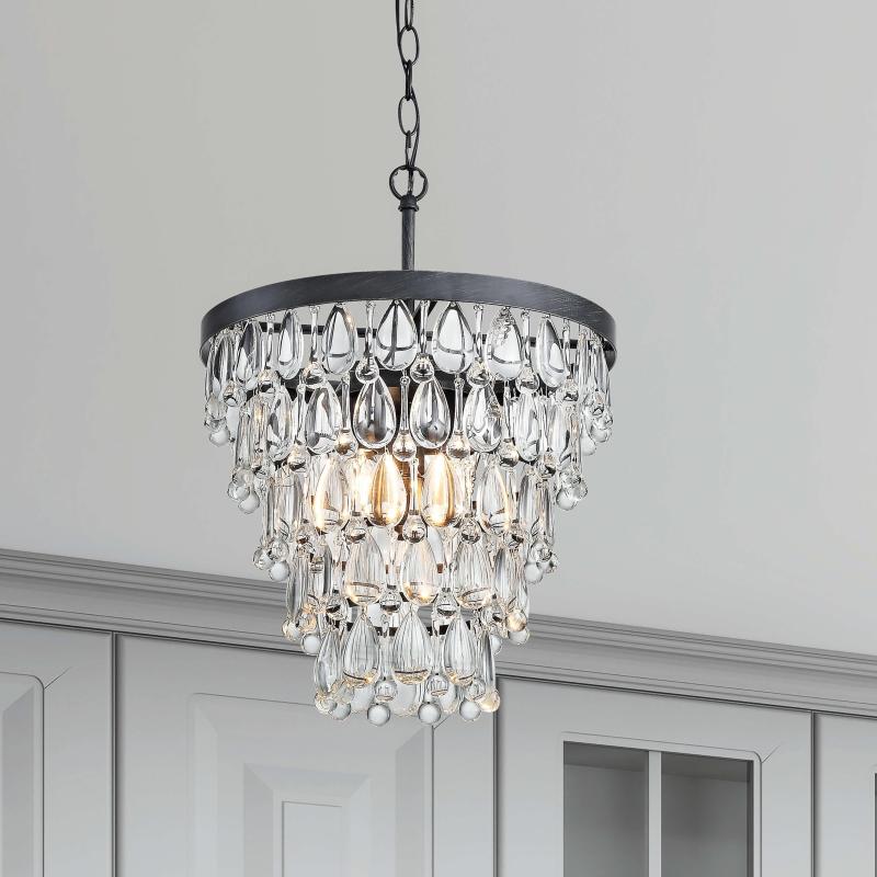 Viviana Antique Black 4-light Crystal Teardrop Round Chandelier – 14 inches in diameter x 19.5 inches H  |   Chandeliers Ceiling Lighting Chandeliers