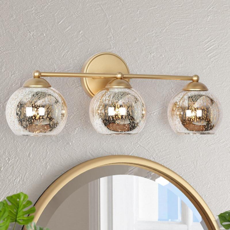 Ziv Modern Glam 3-Light Gold Bathroom Vanity Lights with Mercury Glass – 21″ L x 6.8″ W x 8″ H  |   Bathroom Lighting Bathroom Lighting Bathroom Lighting