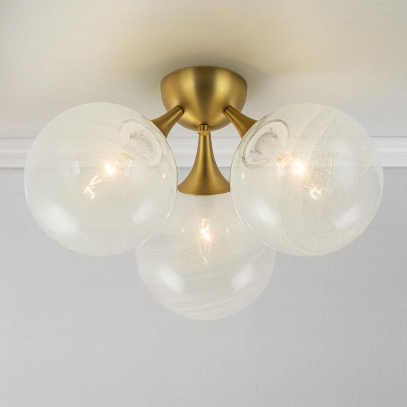 3-Light Mid-Century Modern Cluster Sputnik Ceiling Light White Strie Glass Globe Bubble Semi-Flush Mount Light  |   Semi-Flush Mount Ceiling Lights Ceiling Lighting Semi-Flush Mount Ceiling Lights