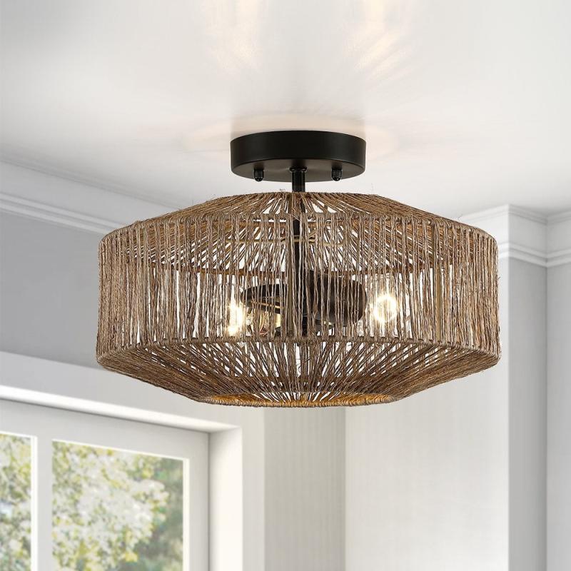 Dorn 2-Light Bohemian Jute Rope Semi-Flush Mount – W14″x H10″ – 14 in. W  |   Semi-Flush Mount Ceiling Lights Ceiling Lighting Semi-Flush Mount Ceiling Lights