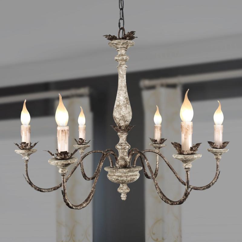 French Traditional Elegant Iron and Wood Chandelier, 6-Light Rustic Bronze Pendant Lighting with Adjustable Chain  |   Chandeliers Ceiling Lighting Chandeliers